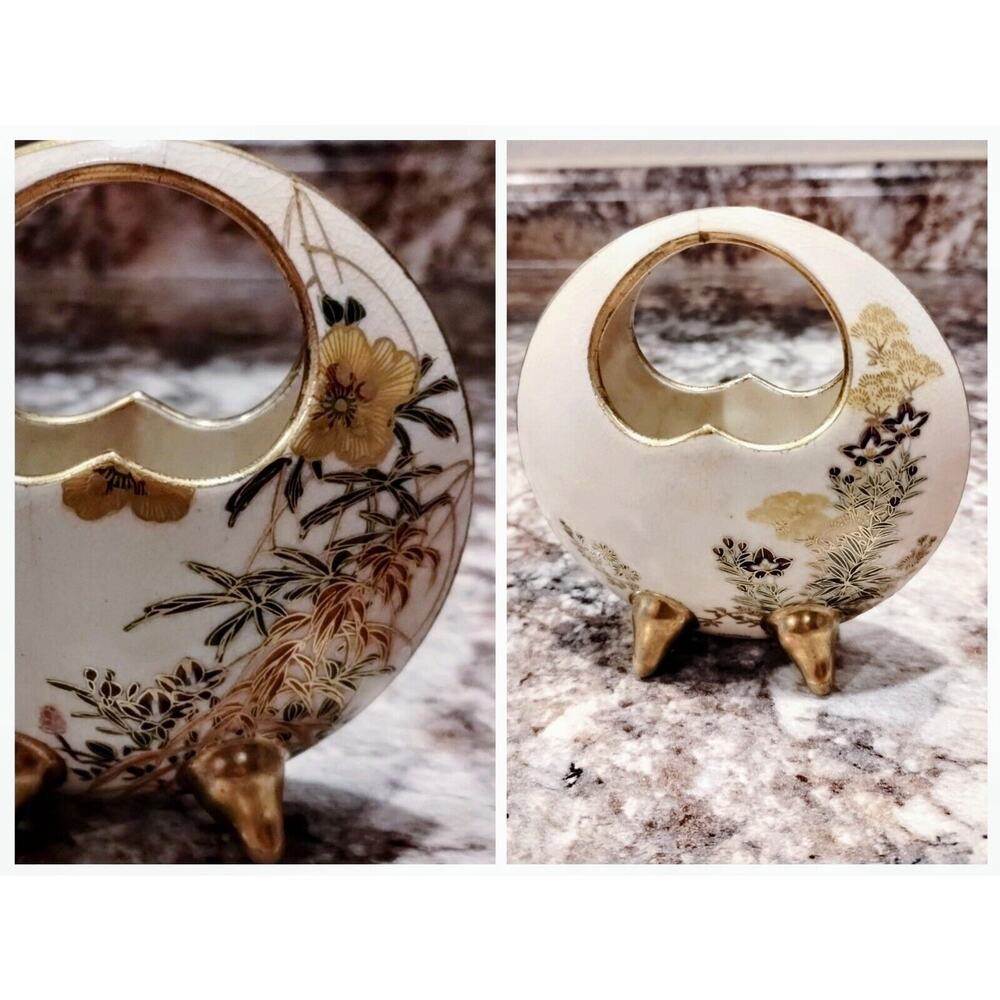 JAPANESE Late Meiji Period Antique SMALL SATSUMA MOON Gold Floral Flask Vase